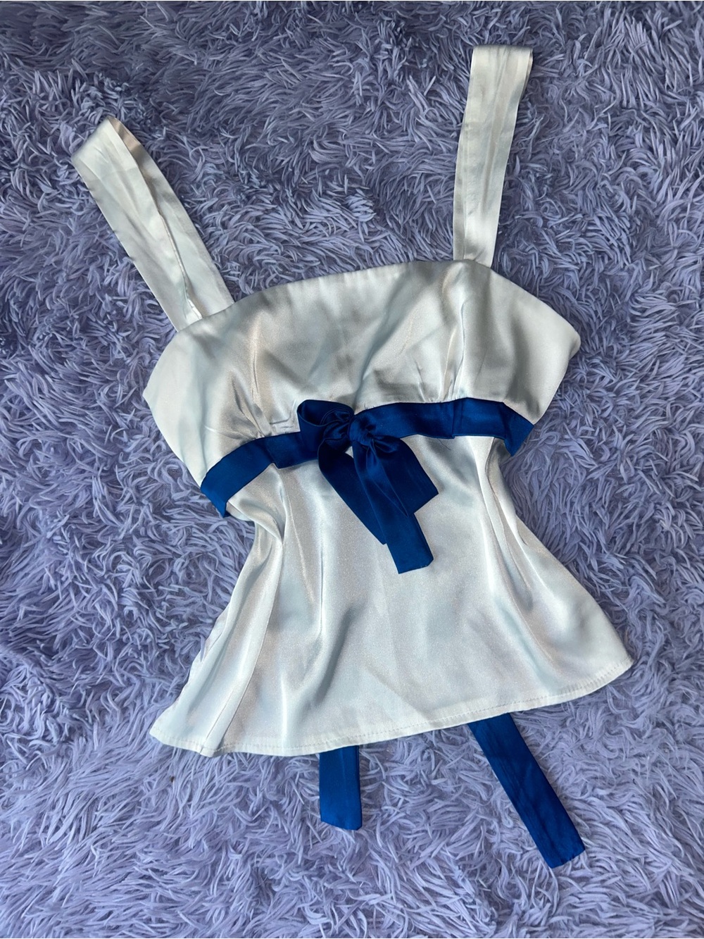 White Satin Bow-Accent Cami Top with Blue Ribbon